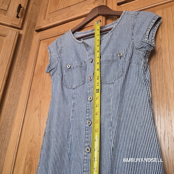 Isabella Bird Women's 4P Blue Railroad Striped Midi Sleeveless Button Down Dress - Picture 10 of 12